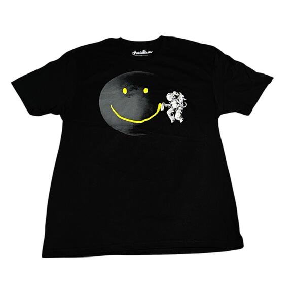 Black Graphic Short Sleeve T-Shirt with Smiley Face & Astronaut New without Tags - Picture 2 of 5